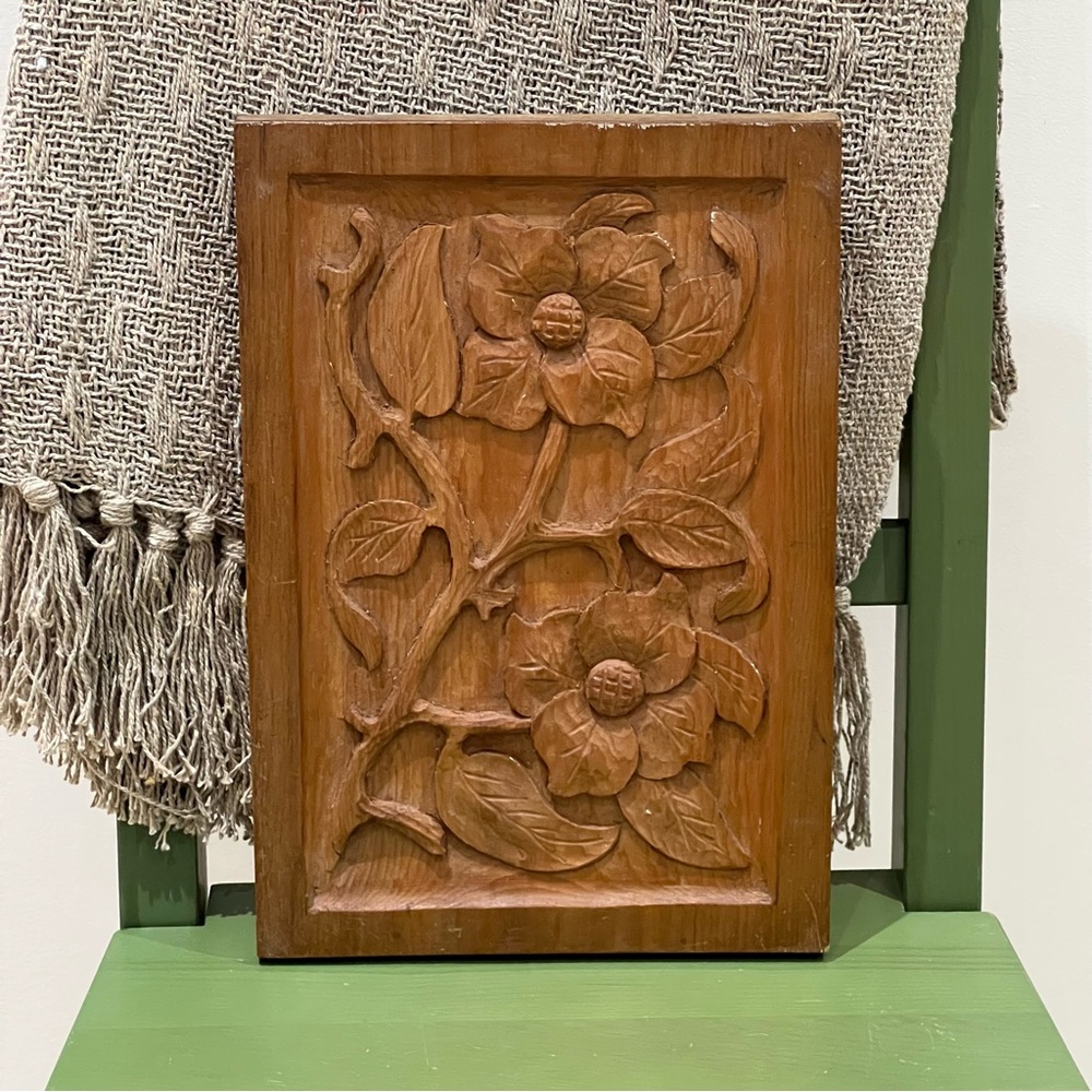 Vintage Hand Carved Wooden Floral Wall Plaque